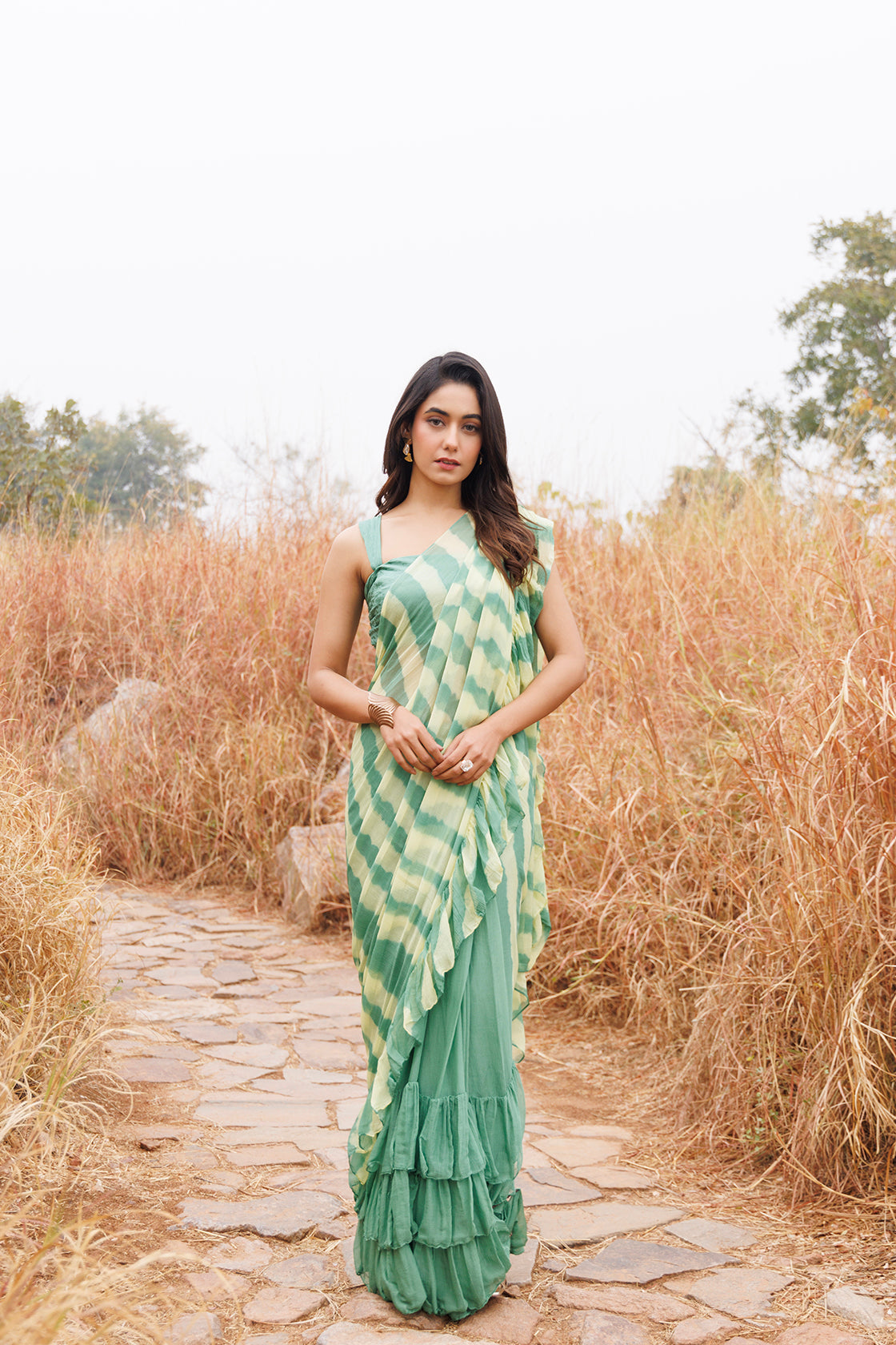 Green & Yellow Ruffle Chiffon Saree