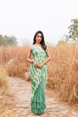Green & Yellow Ruffle Chiffon Saree