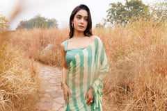 Green & Yellow Ruffle Chiffon Saree Stitched Leheriya Chiffon Saree
