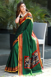 Green Khun Saree with Hand Painted Kalamkari Patch Pallu