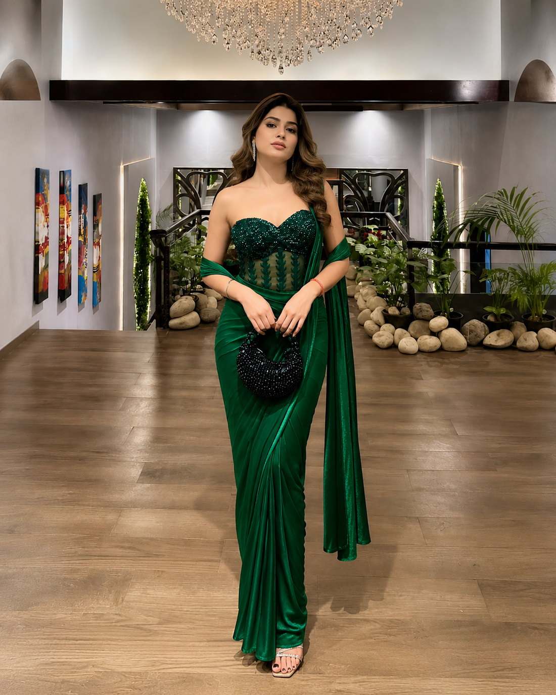 Emerald Green Off-Shoulder Corset Saree