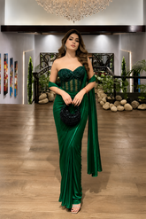 Emerald Green Off-Shoulder Corset Saree
