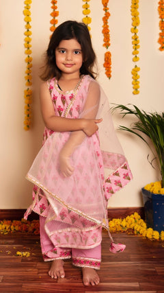 Gulbhar Pink Hand Block Kurta Set for Girls Kids