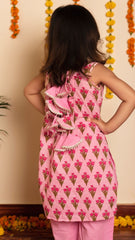 Gulbhar Pink Hand Block Kurta Set for Girls Kids