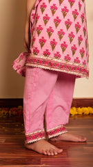 Gulbhar Pink Hand Block Kurta Set for Girls Kids