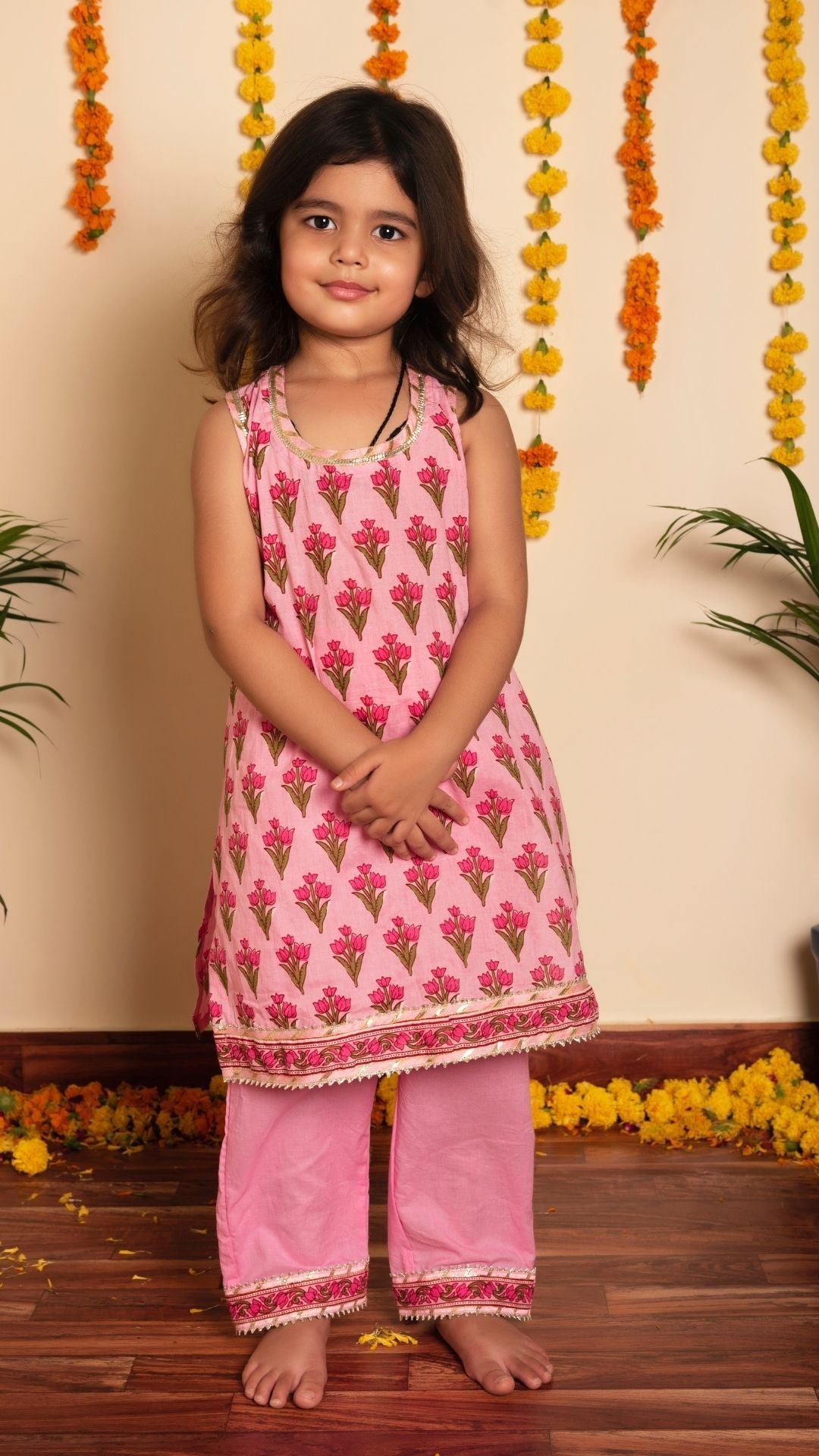 Gulbhar Pink Hand Block Kurta Set for Girls Kids