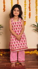 Gulbhar Pink Hand Block Kurta Set for Girls Kids