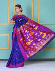 Handloom Pure Silk Dark Violet Muniya Border Paithani Saree