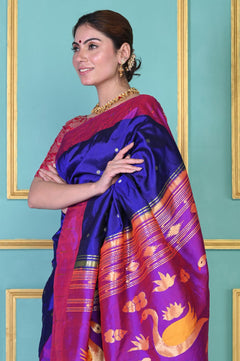 Handloom Pure Silk Dark Violet Muniya Border Paithani Saree