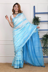 Handmade Tie and Dye Cotton Blue Saree