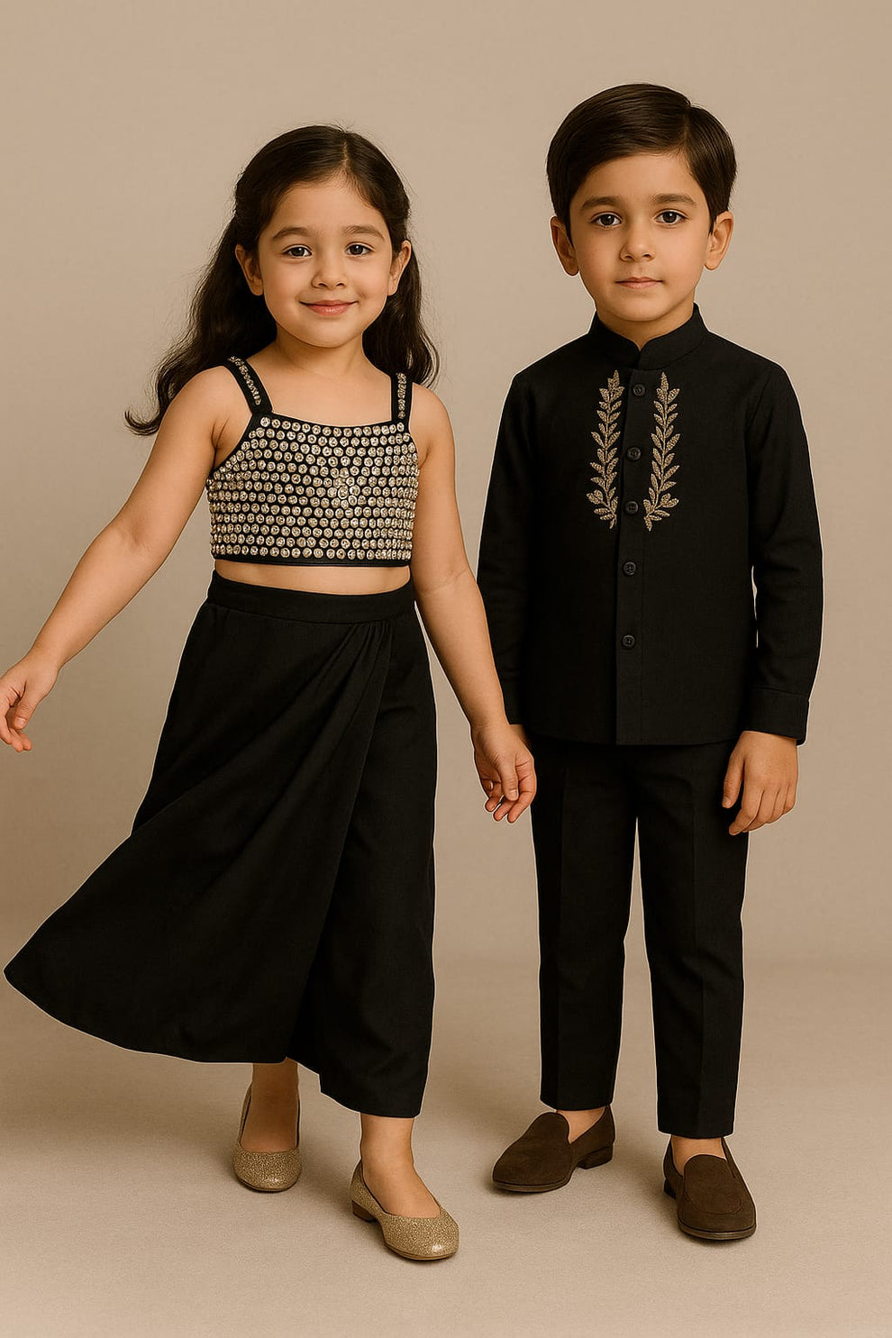 Heavy Yoke Black Top & Dhoti Style Skirt