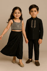 Heavy Yoke Black Top & Dhoti Style Skirt