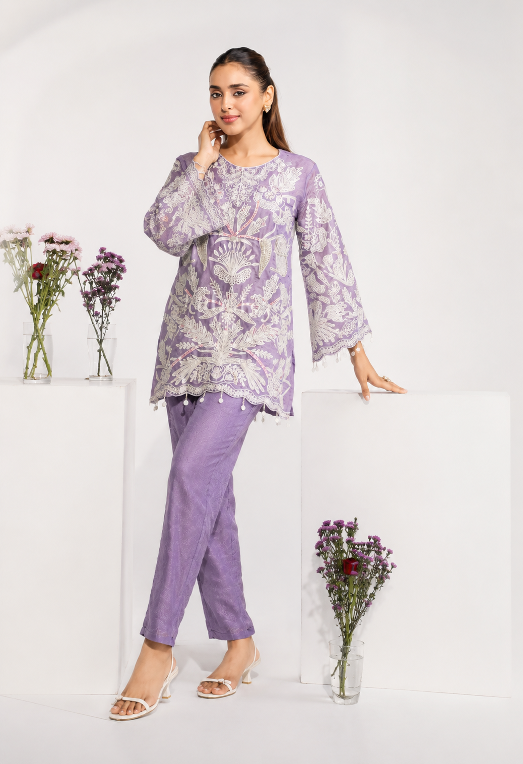 Lilac Embroidered Co-Ord Set in indo-western