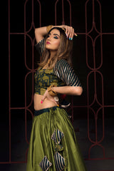 Green Cotton Silk Lehenga With Net Dupatta