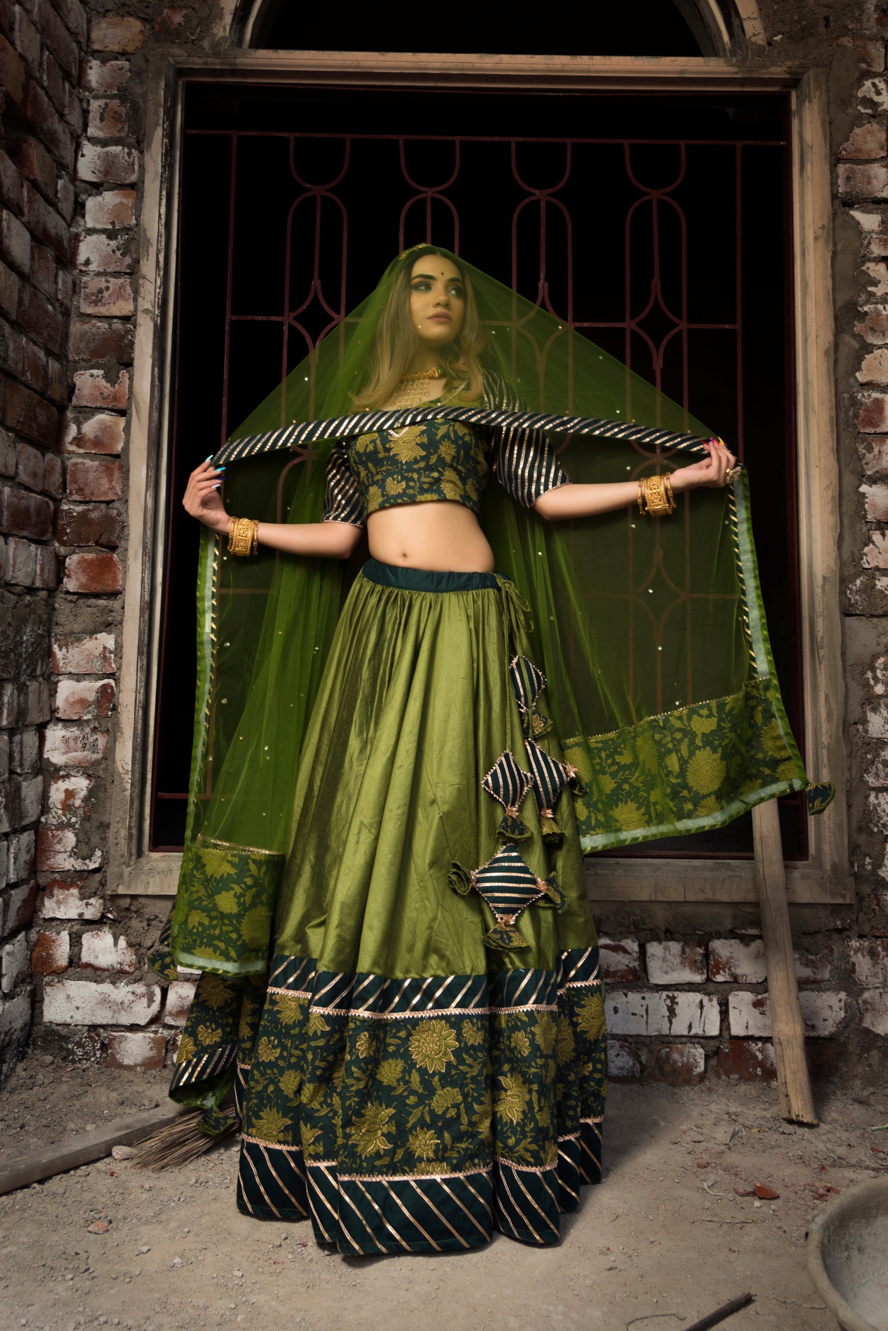 Green Cotton Silk Lehenga With Net Dupatta