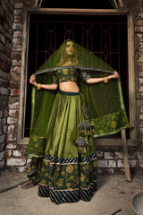 Green Cotton Silk Lehenga With Net Dupatta