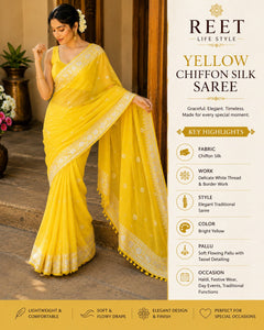 Sunshine Yellow Chiffon Silk Silver Zari Border Saree with Blouse