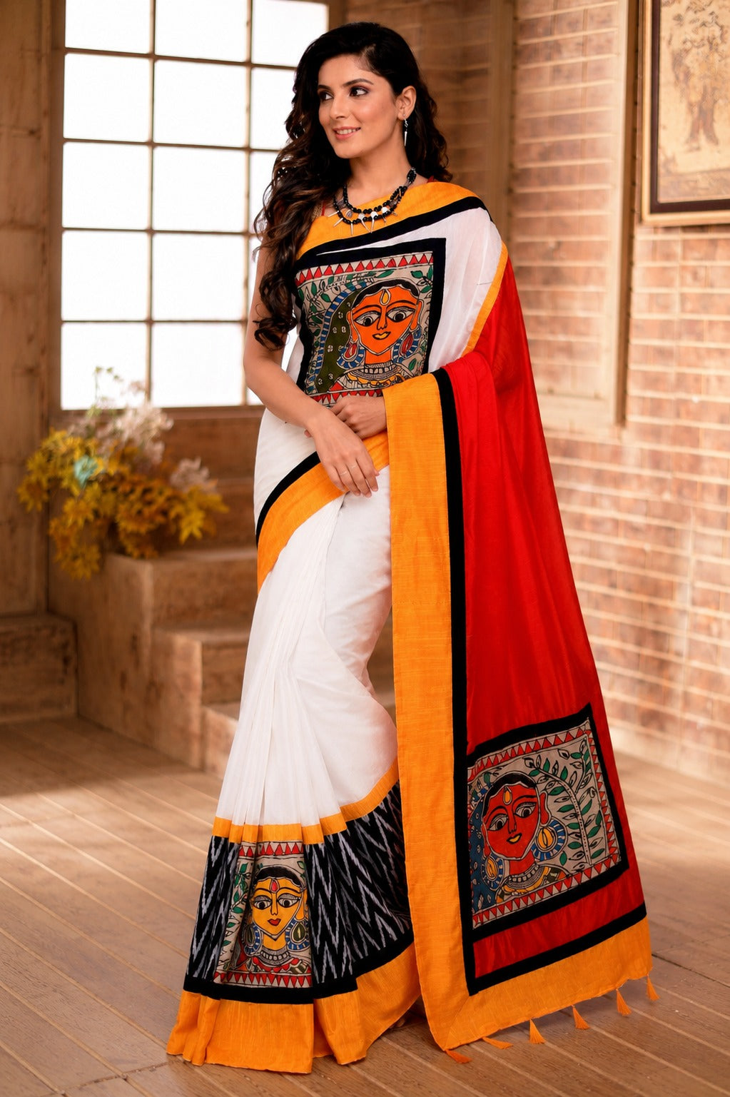 Chanderi Saree with Hand-Painted Madhubani & Ikat Combination