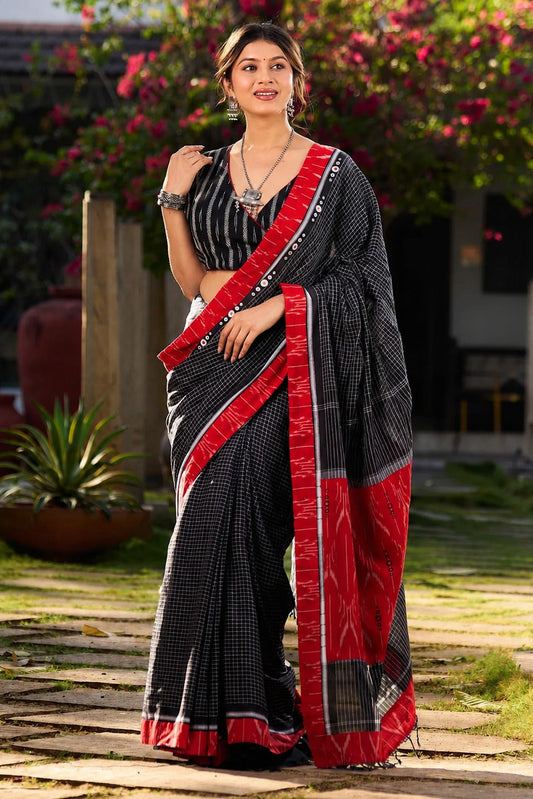 Cotton Checkered Contrasting Red Ikat Border Saree with Blouse