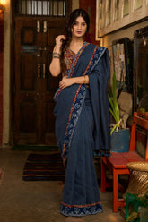 Neelambara Cotton Saree with Kalamkari-Inspired Detailing