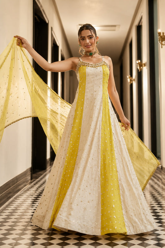 Sunlit Grace Indo-Western Long Anarkali Gown Set with Dupatta