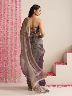 Metallic Mauve Metallic Chiffon Saree with Gold Border & Stitched Blouse