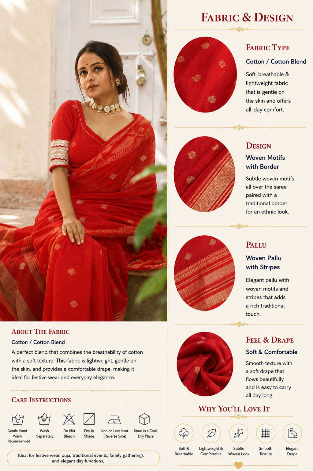 Red Handloom Cotton Woven Motifs Saree With Blouse