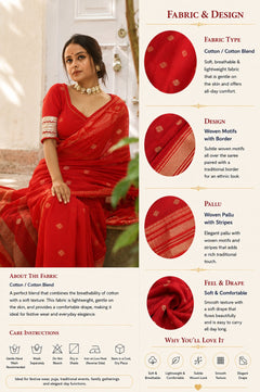 Red Handloom Cotton Woven Motifs Saree With Blouse