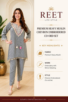 Black & White Premium Heavy Muslin Chevron Co-ord Set with Hand Embroidery