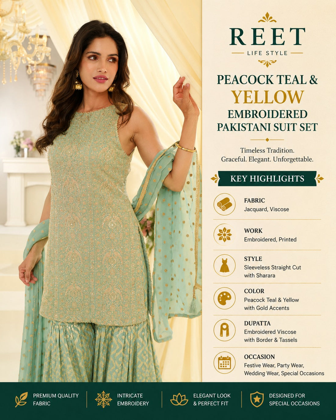 Pastel Mint Green Embroidered Top Bottom Set with Dupatta