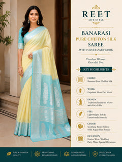 Pastel Yellow & Aqua Blue Banarasi Pure Chiffon Silk Saree with Silver Zari Work