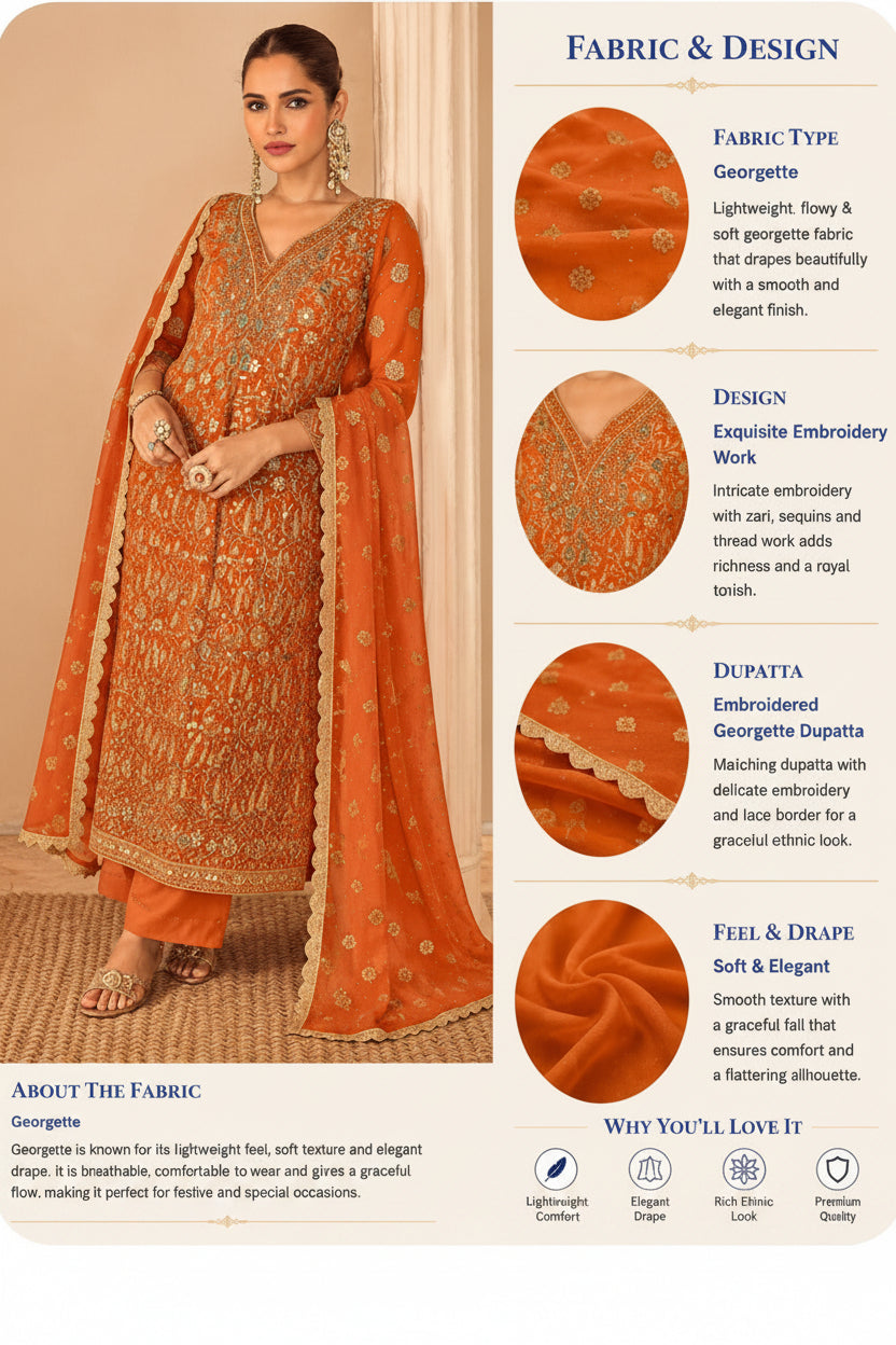 Orange Embroidered Designer Salwar Kameez Set