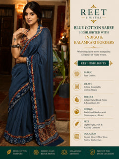 Neelambara Cotton Saree with Kalamkari-Inspired Detailing