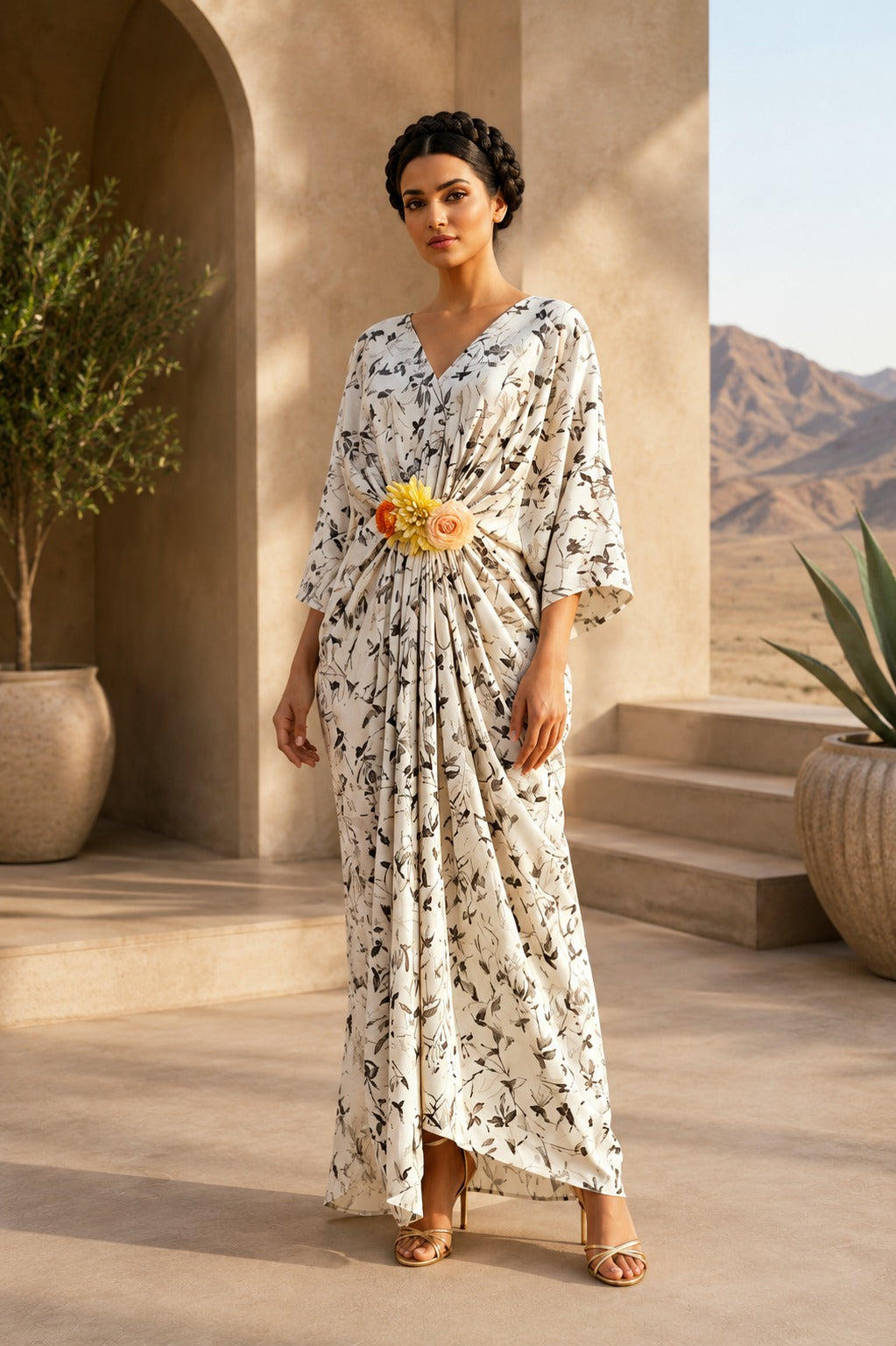 Ivory Bloom Floral Printed Designer Kaftan