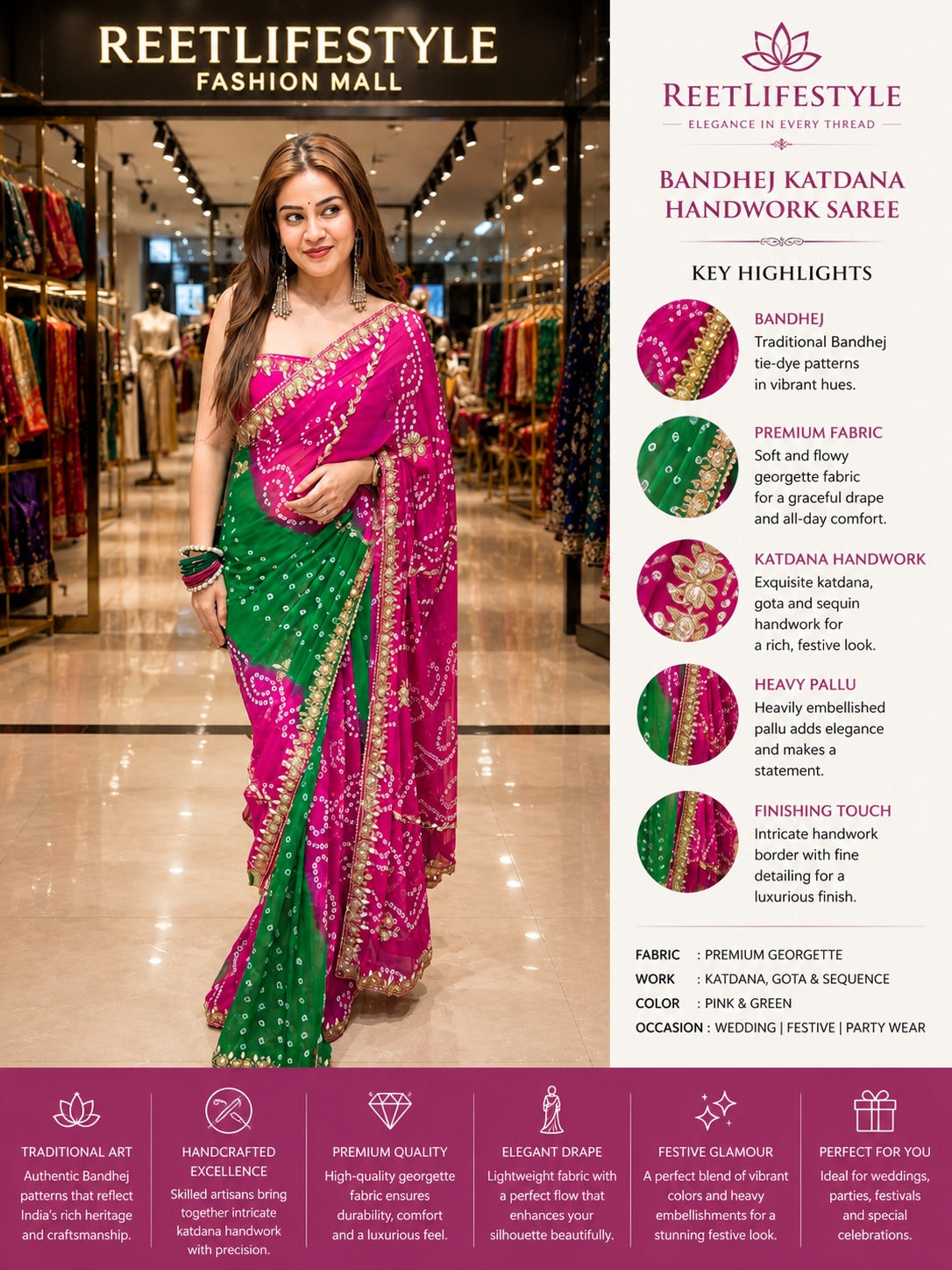 Bandhej Katdana Handwork Saree