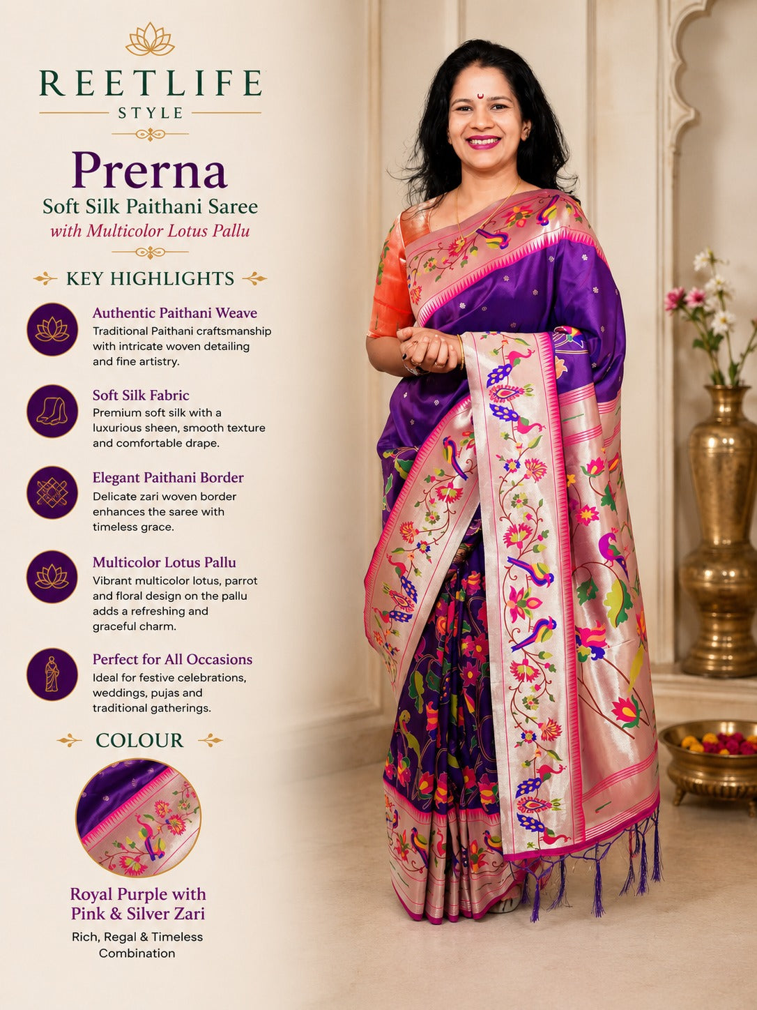 Mayurika Pure Silk Paithani Saree with Royal Floral Bird Pallu