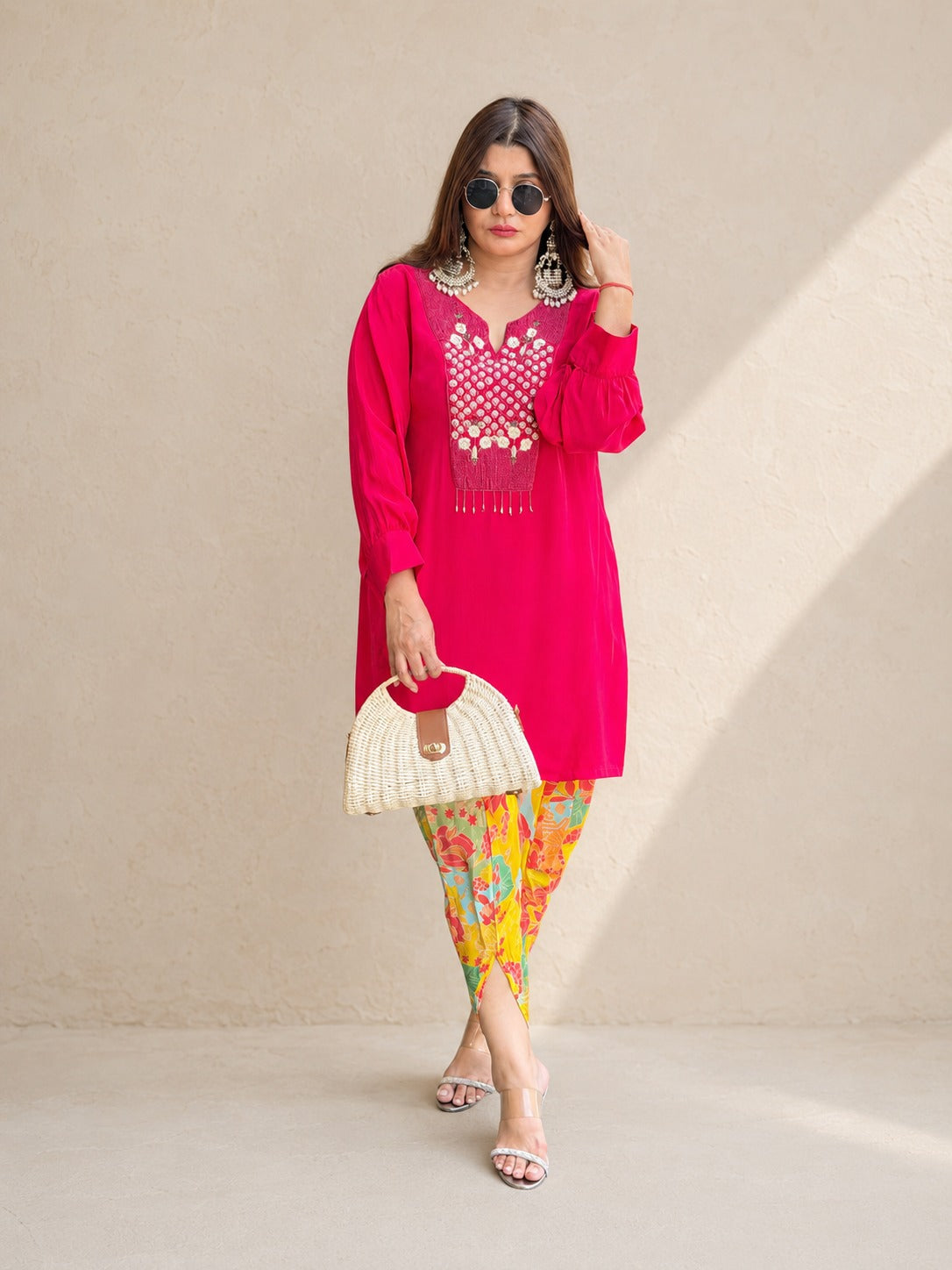 Fuchsia Crepe Kurta with Printed Dhoti Pants