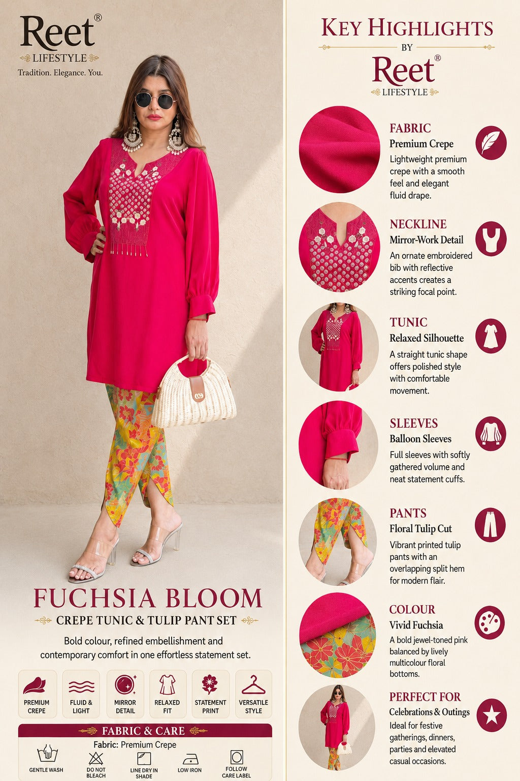 Fuchsia Crepe Kurta with Printed Dhoti Pants