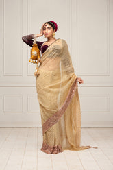 Brushed Gold Crush Tissue Saree with Dark Purple Velvet Embroidered Blouse