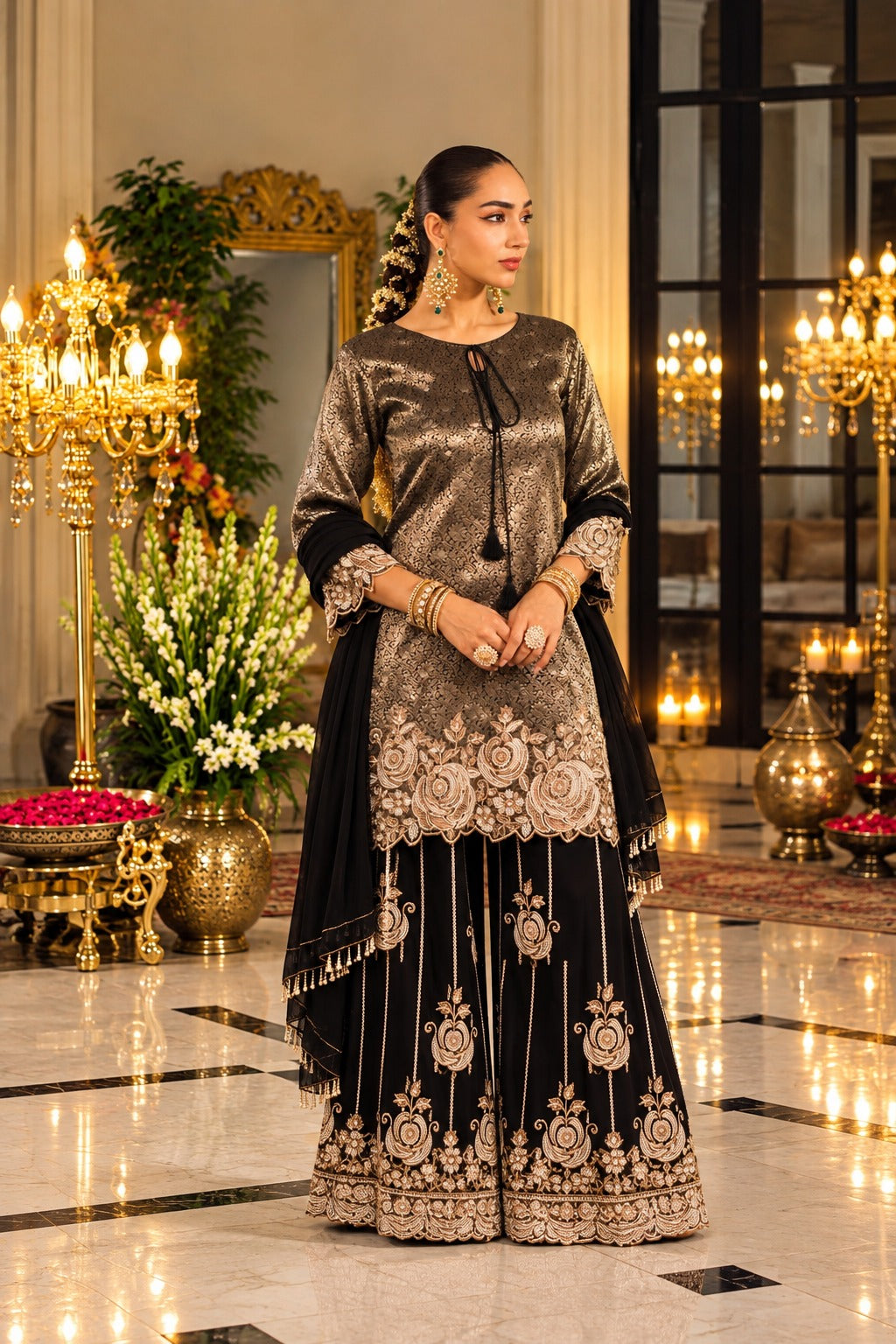 Siyah Shahi Embroidered Palazzo Set