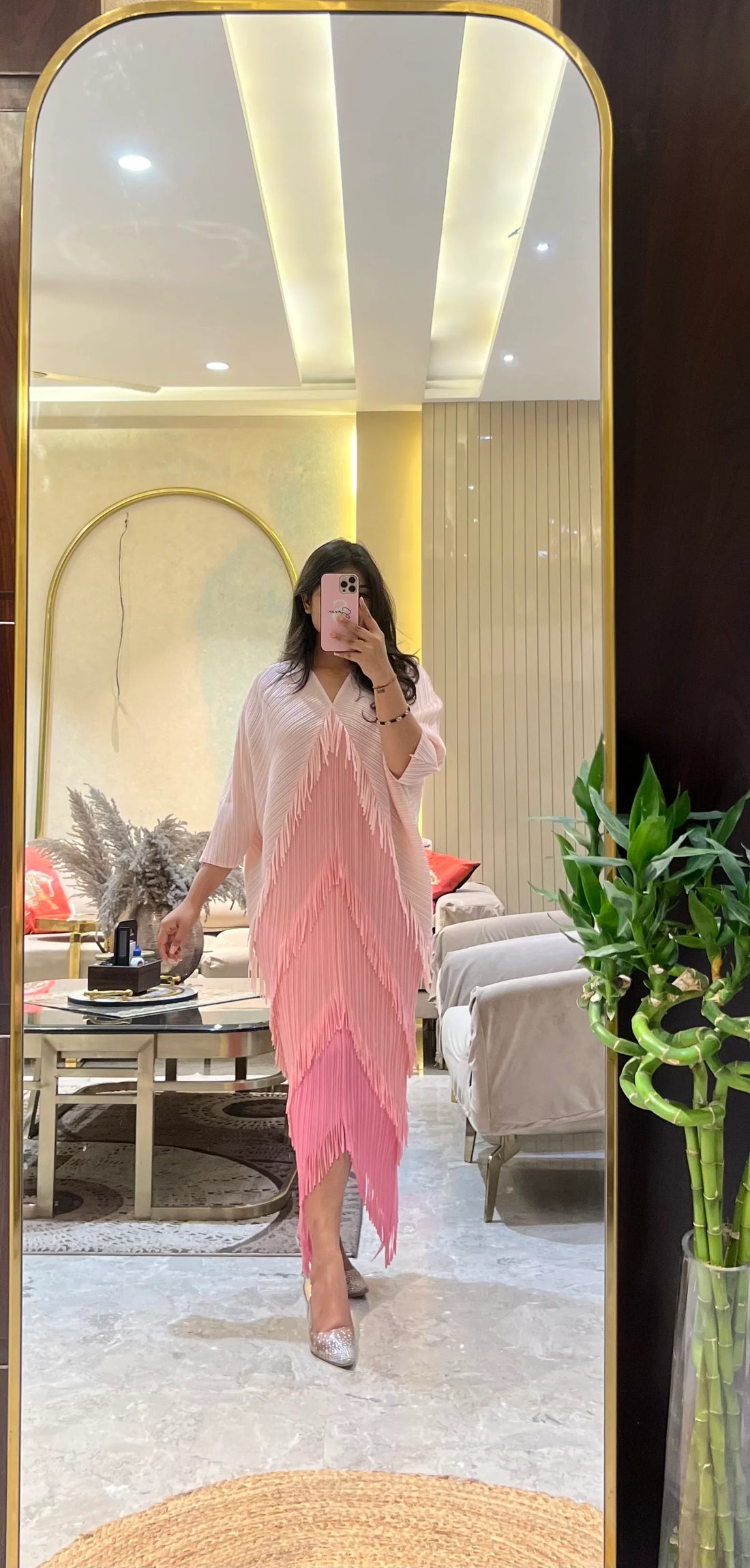 Abigal Ombre Pink Pleated Fringe Dress