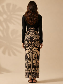 Black Full Sleeve Printed Bodycon Midi Dress