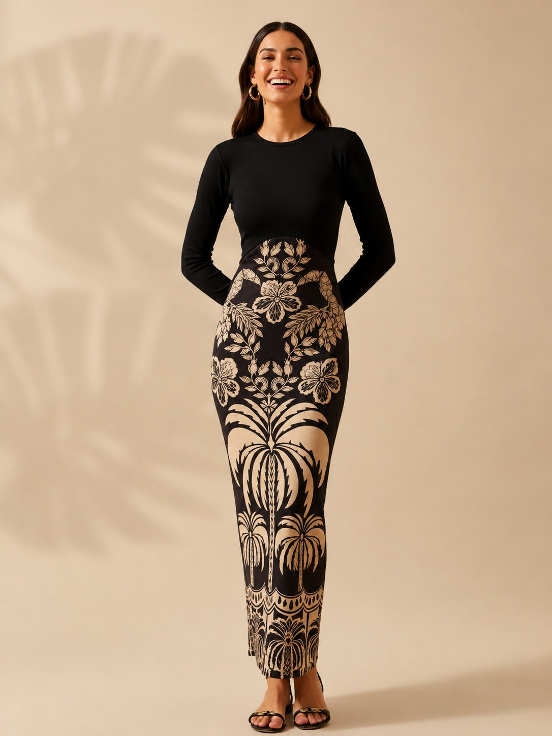 Black Full Sleeve Printed Bodycon Midi Dress