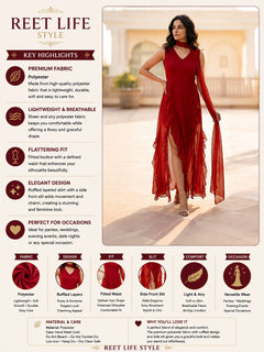 Crimson Whisper Chiffon Ruffle High-Low Dress for Women