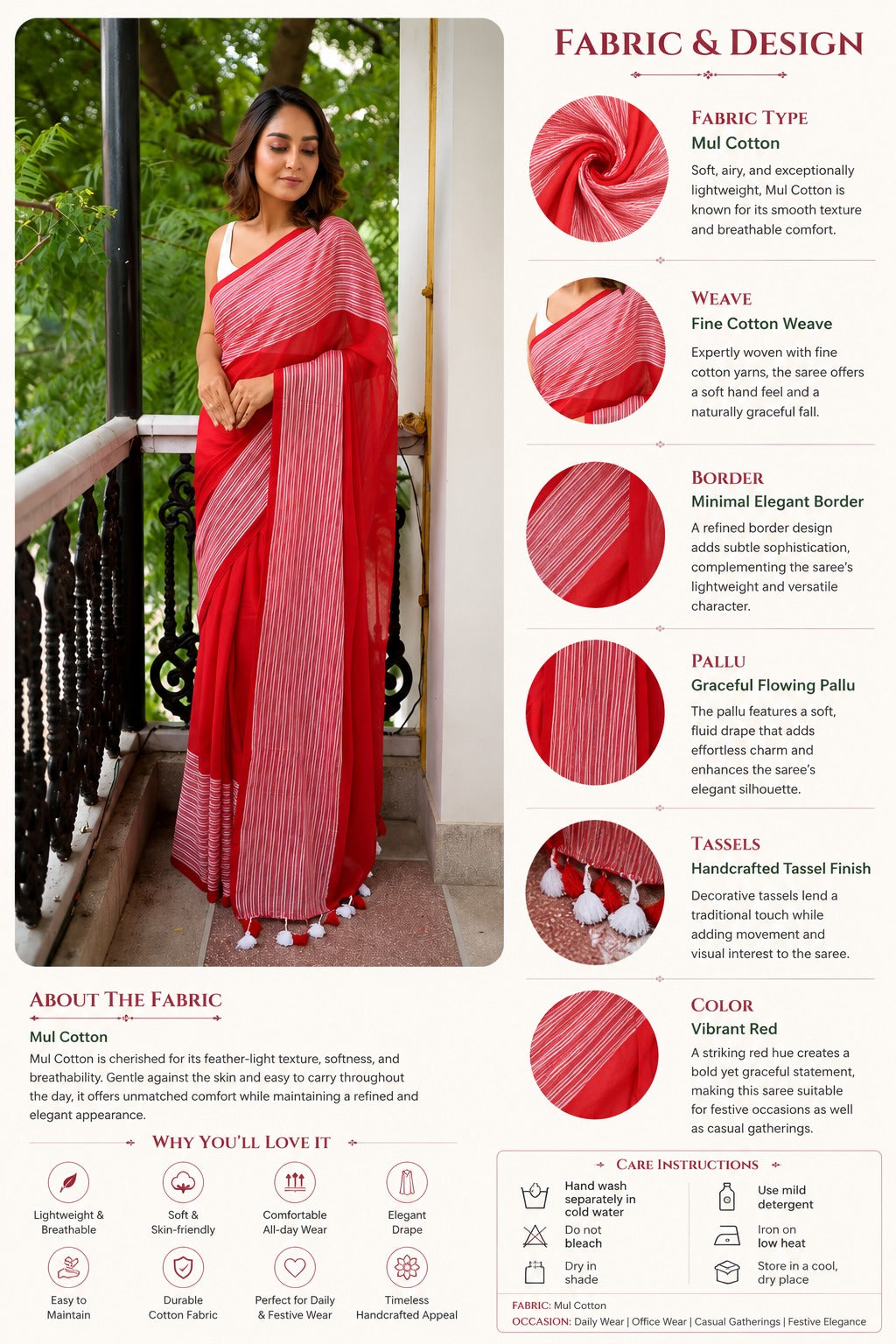 Irkal Crimson Red Mul Cotton Saree