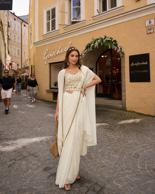 Designer Cape Saree with Embroidered Blouse & Gold Border