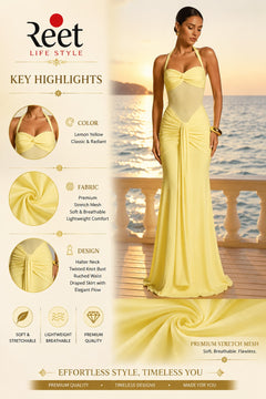Yellow Halter Draped Evening Gown for Women