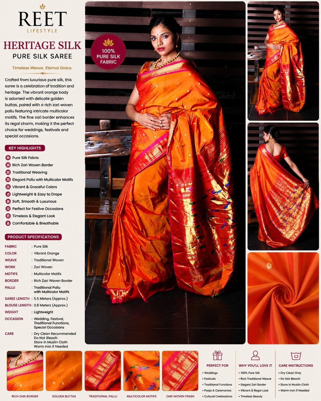 Paithani Weave with Peach and Gold Border with Double Pallu