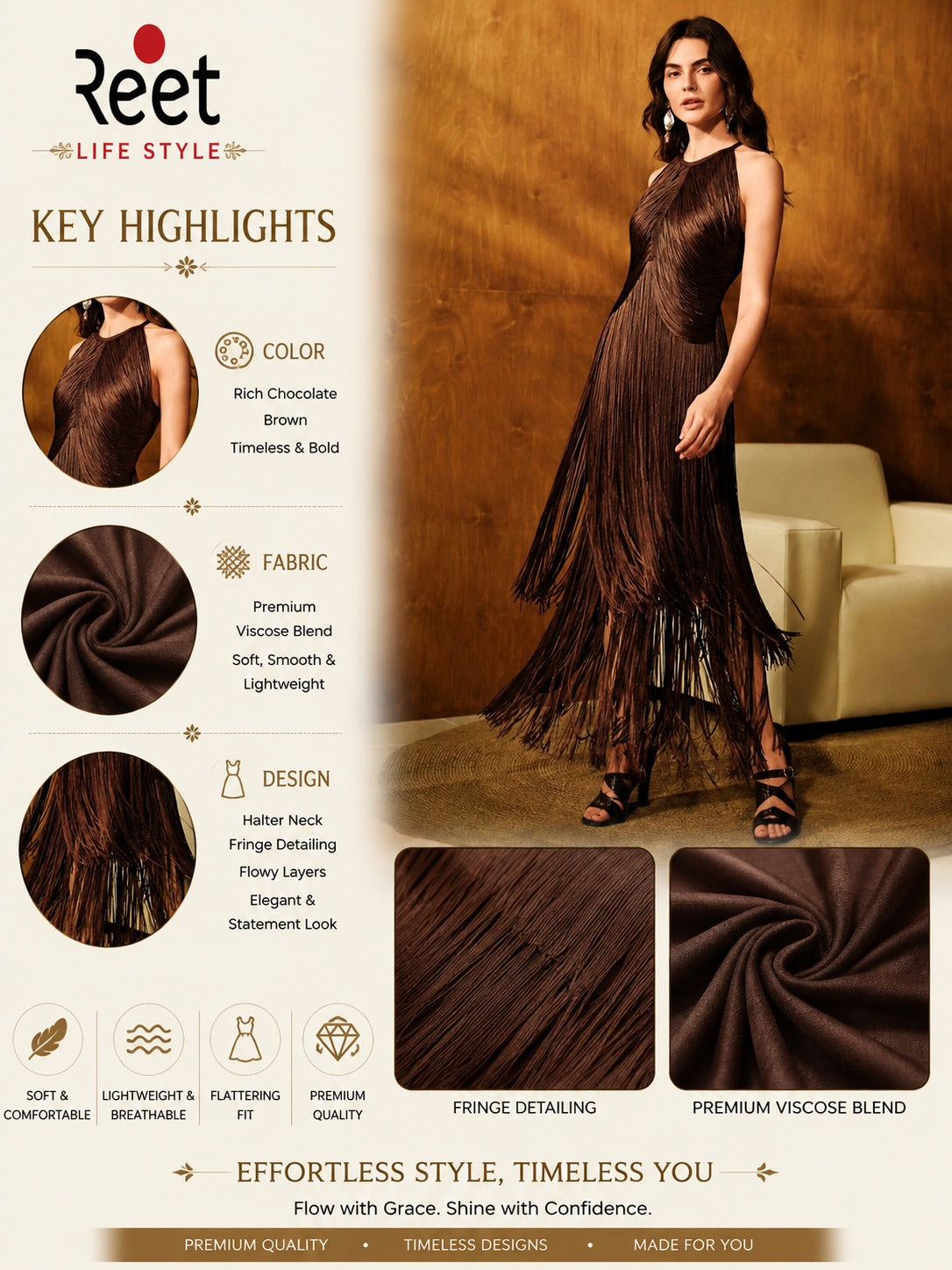 Chocolate Allure Brown Halter Fringe Dress for Women