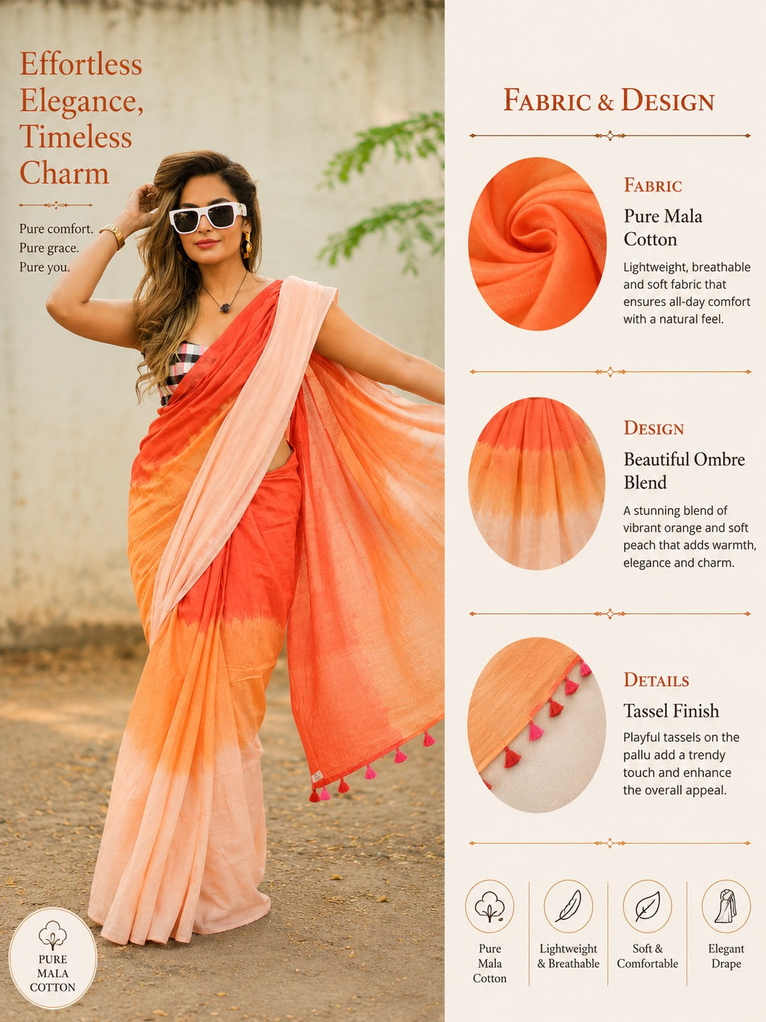 Peach Sunset Tie-Dye Mul Mul Cotton Saree